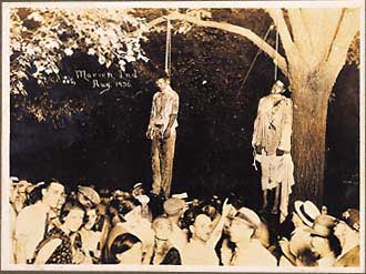 The lynching of Thomas Shipp and Abram Smith, a large gathering of lynchers. August 7, 1930, Marion, Indiana.